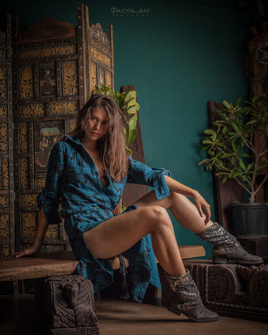 DRESS LONGSLEEVE WOMAN / ZAAFARAÏ - COTTON TEAL SHAMANKA