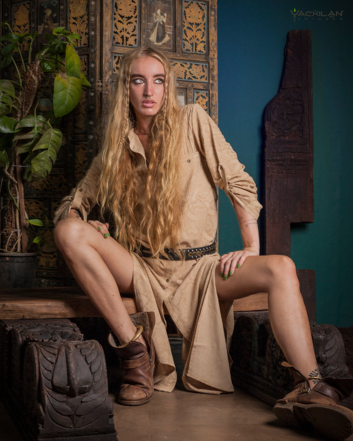 DRESS LONGSLEEVE WOMAN / ZAAFARAÏ COTTON LINEN - MYCELIUM BEIGE