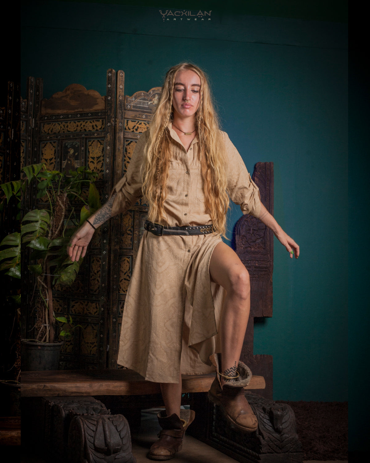 DRESS LONGSLEEVE WOMAN / ZAAFARAÏ COTTON LINEN - MYCELIUM BEIGE