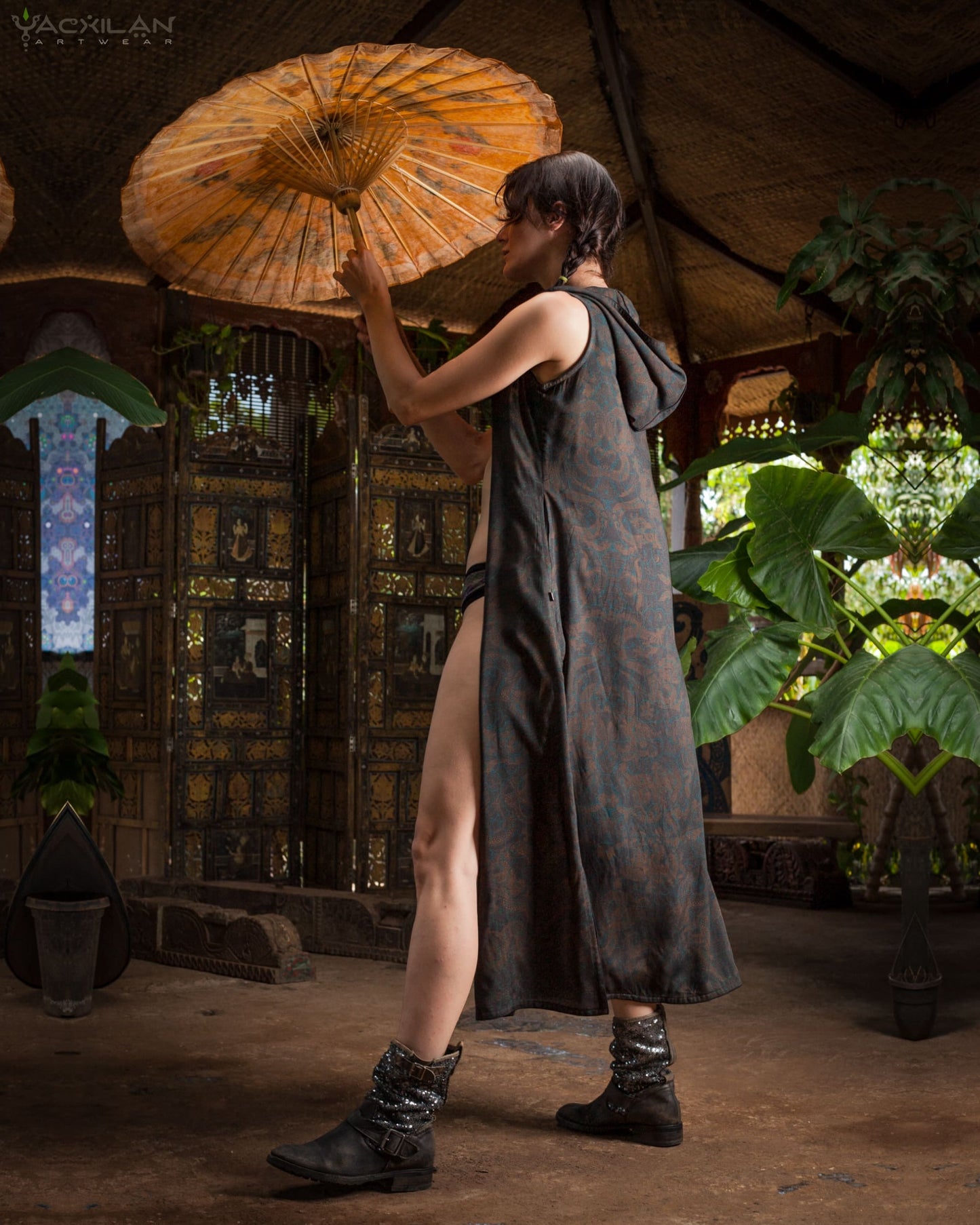 HOODED LONG DRESS WOMAN / VISCOSE - GOLDEN DRAGON