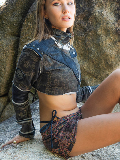 Crop Jacket Woman Neotokyo Punk / Cotton Looper Fake Leather - LEOPARDUS LAGARTIKA