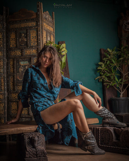 DRESS LONGSLEEVE WOMAN / ZAAFARAÏ - COTTON TEAL SHAMANKA